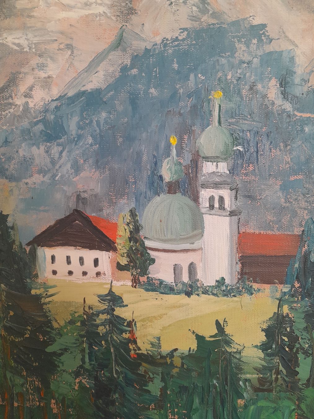 Tableaux: Ölgemälde Alpen-Berglandschaft mit Kirche. – D'occasion à Rossrüti par Hansi778 1