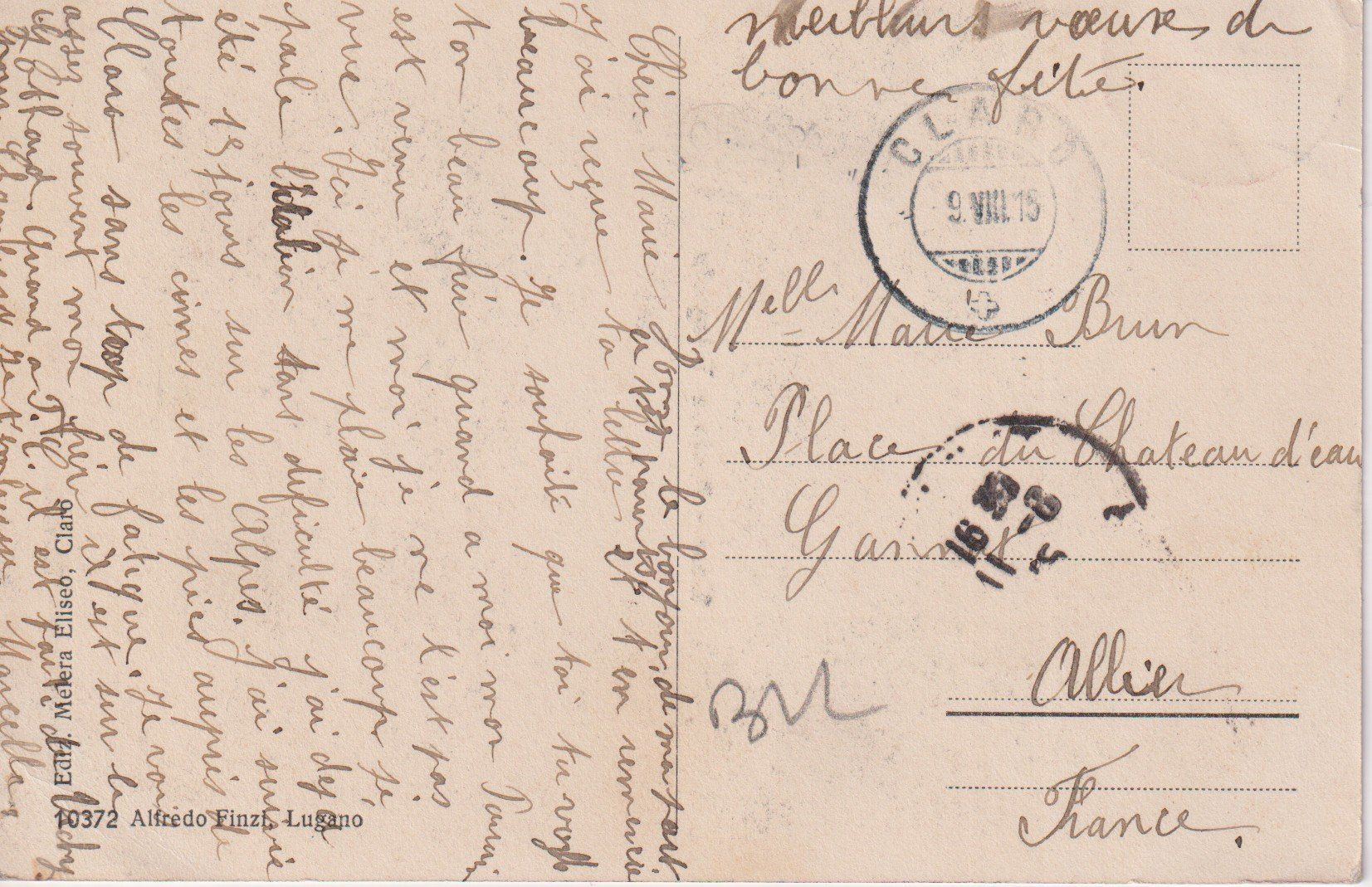 Ansichtskarten: AK Claro Posta e Telegrafo - Torrazza Convento S. Maria 1915 – Gebraucht aus Riva San Vitale von MAR-NAPO 1