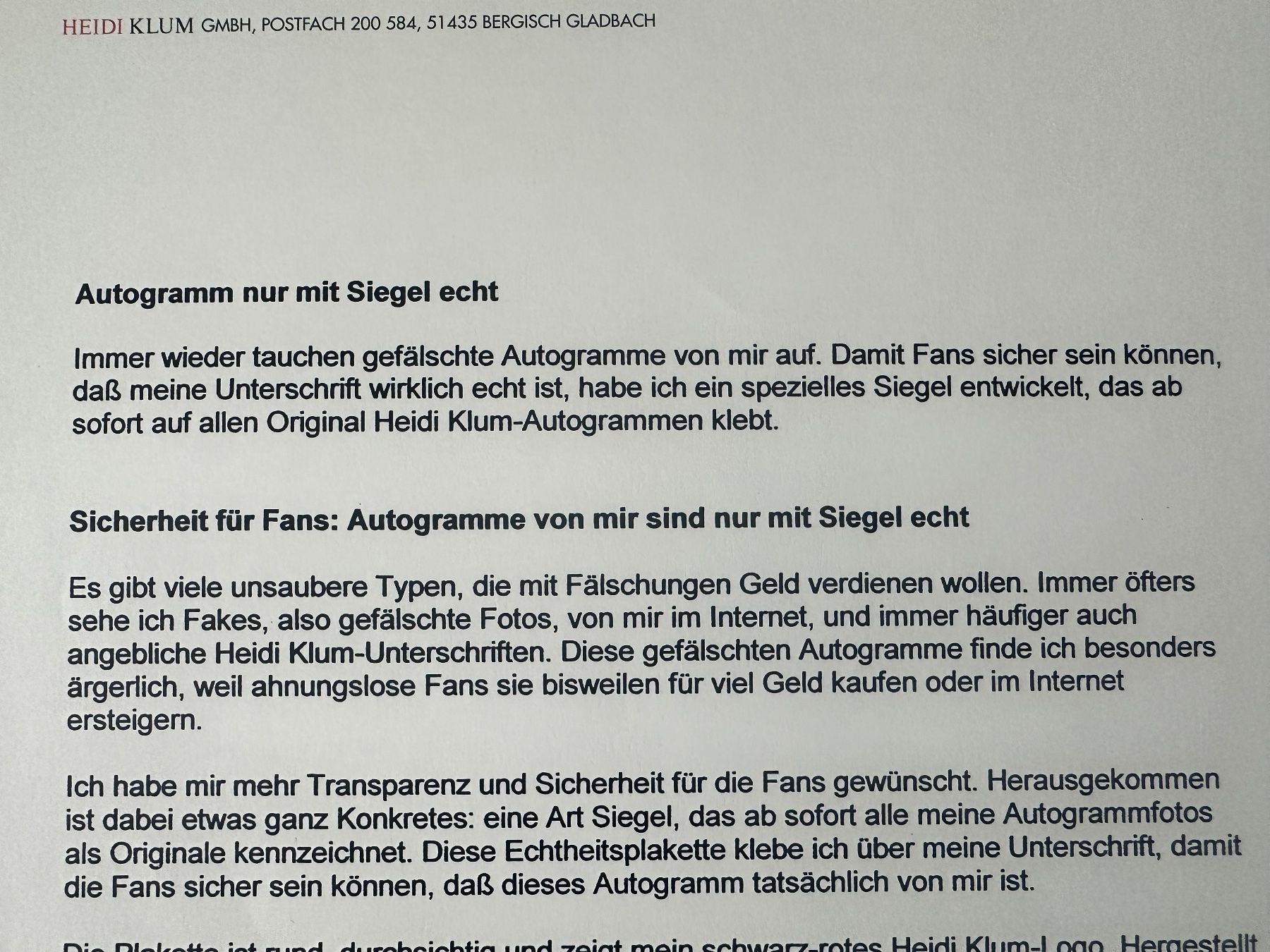 Autografi: Heidi Klum Autogramm mit Siegel – Usato da Bülach venduto da Jubet 2