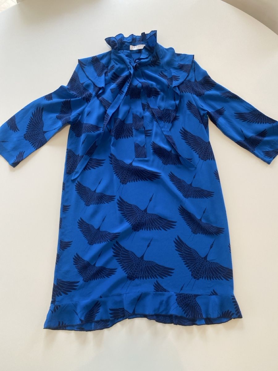 Vestiti: Robe Sandro Paris, bleu, motifs oiseaux, taille 36. – Usato da Lausanne venduto da vinbama