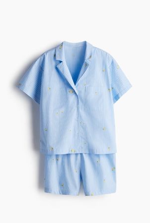 🍋H&M🍋 Pyjama aus Baumwoll-popeline Blau/Weiss Zitronen XS