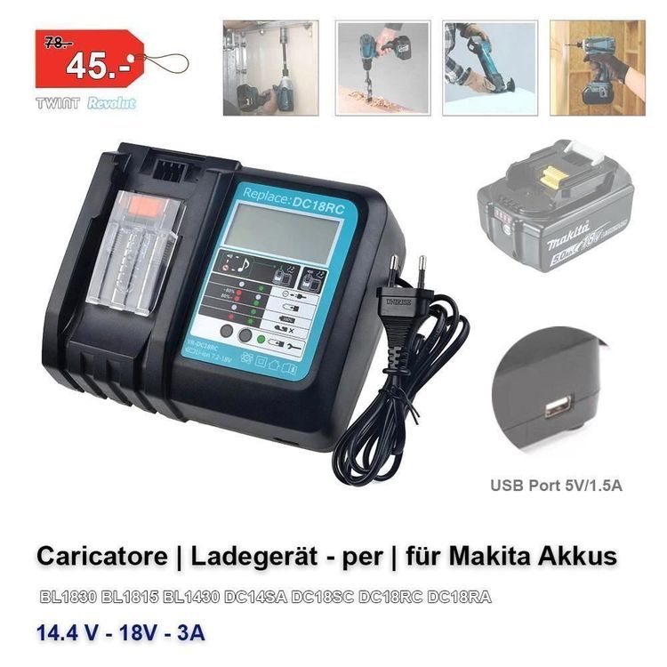Produktbild von DC18RC Auto Schnellladegerät Für Makita Akku 14,4V-18V, Kompatibel Mit Makita Akku BL1850 BL1840B BL1820 BL1815 BL1860 BL1430 BL1450