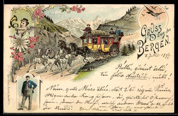 Cartes postales: Lithographie Postkutsche in den Bergen – D'occasion à Berlin par bartko-reher