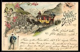 Lithographie Postkutsche in den Bergen