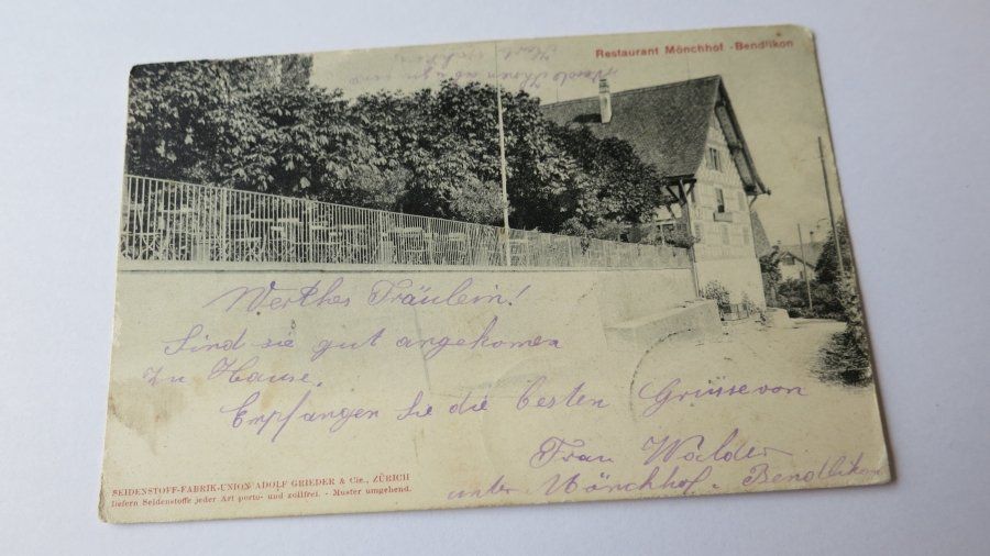 Cartoline postali: Bendlikon / ZH - Restaurant Mönchhof - 1905 – Usato da Jona venduto da centumprata