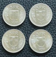 4x 5 Franken Silber 1965, 1966 1967, 1969