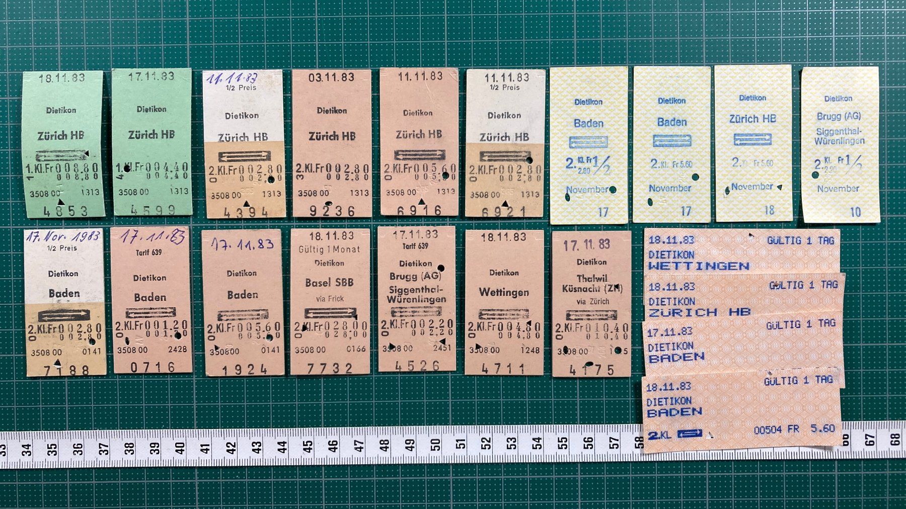 Biglietti: Dietikon, 21 alte Bahn Billette, SBB, 1983 – Usato da Lenzburg venduto da fh1