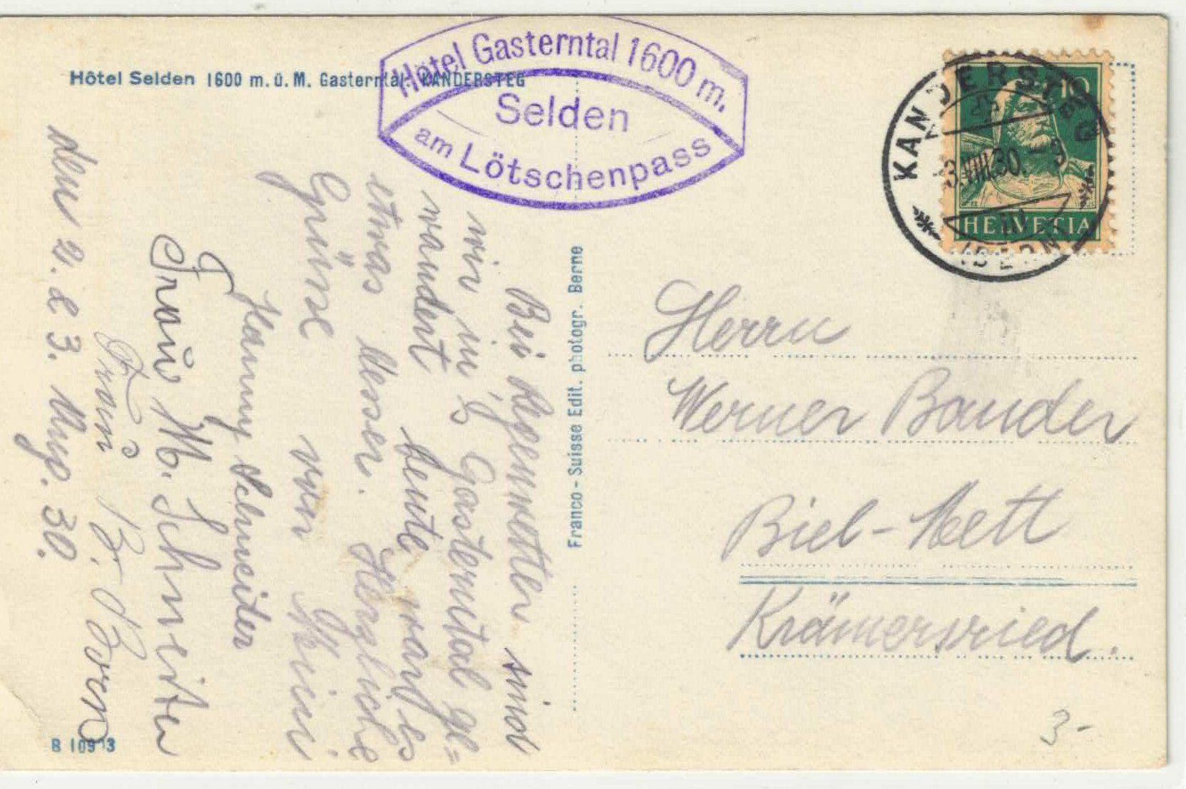 Cartoline postali: Kandersteg - Hotel Gasterntal, Selden – Usato da Ettingen venduto da Kartenplanet 1
