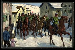 schweizer Kavallerie durchquert eine Ort