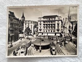 AK Zürich Paradeplatz. Trams. Marke entfernt