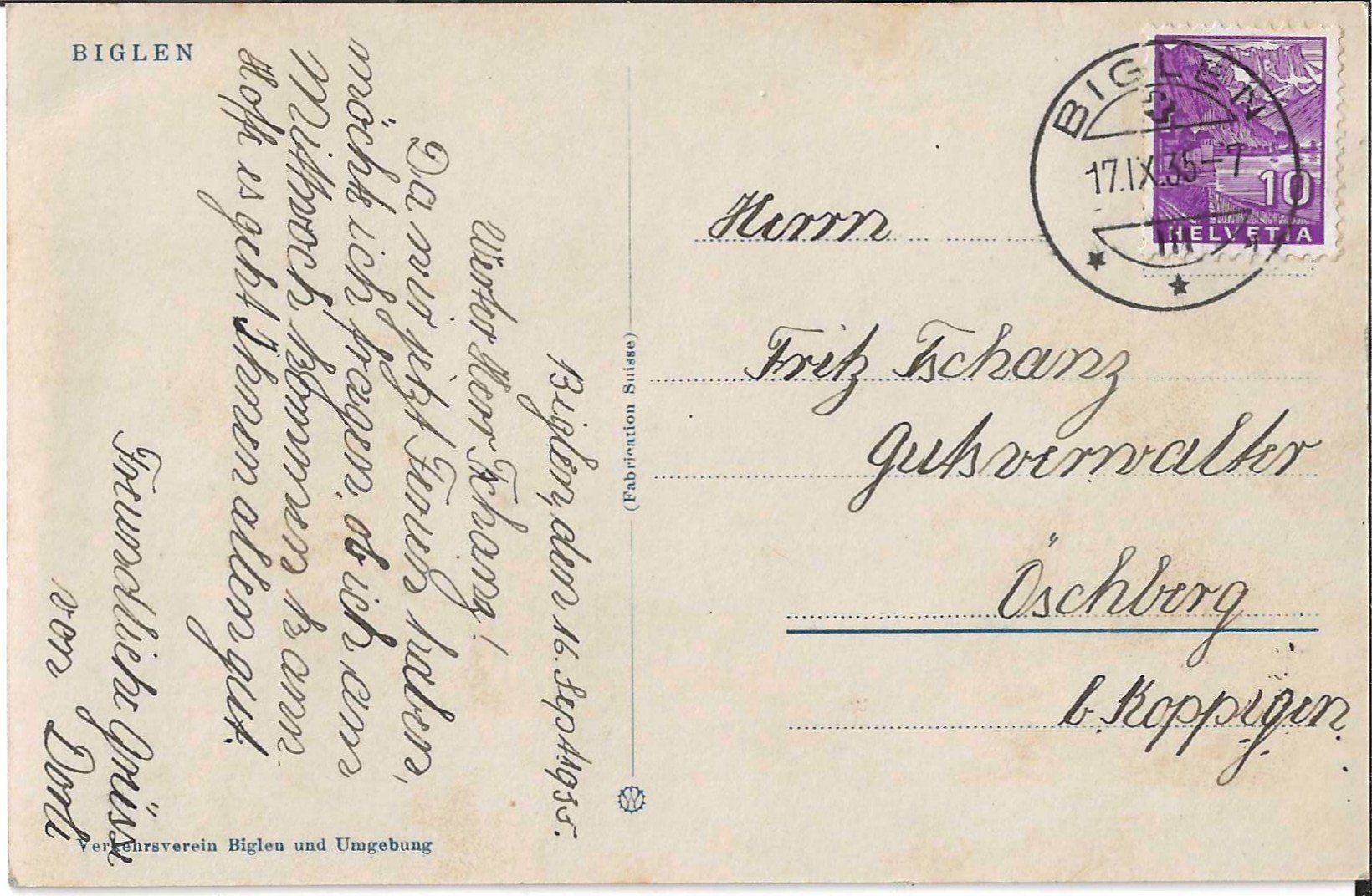 Cartoline postali: Karte Biglen 1935 – Usato da Zürich venduto da Philacat11 1