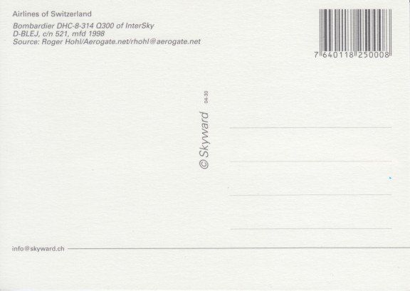 Cartoline postali: Bombardier, DHC-8-314, InterSky – Usato da Zuerich venduto da OceanLinerPostcards 1