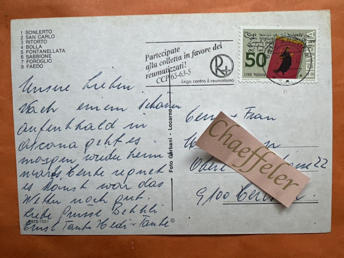 Cartoline postali: 1988 Val Bavona Tessin Schweiz – Usato da Zürich venduto da Chaeffeler 1