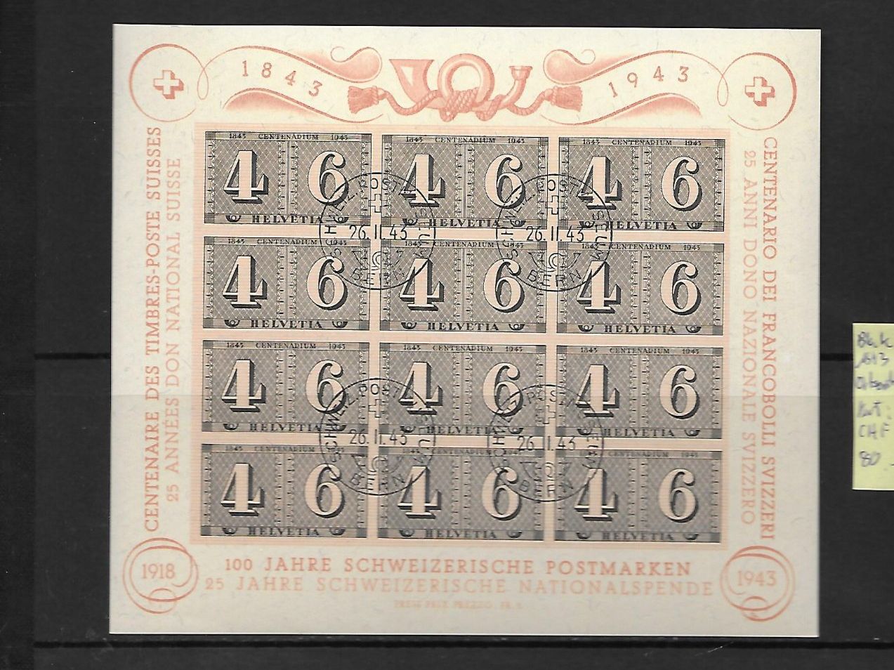 Tutti i francobolli: Block 1943 Ortsersttagsgest. Kat: CHF 80.- – Usato da Basel venduto da Ilp