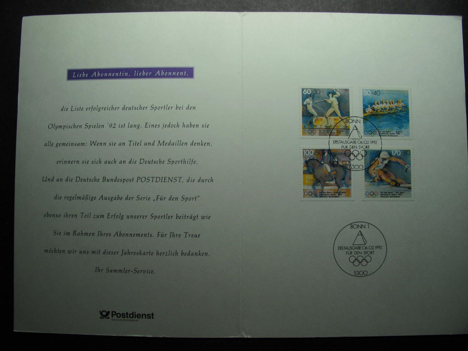 Tutti i francobolli: BRD 1992 Sporthilfe Ersttagesfolder – Usato da Wil SG venduto da fva01