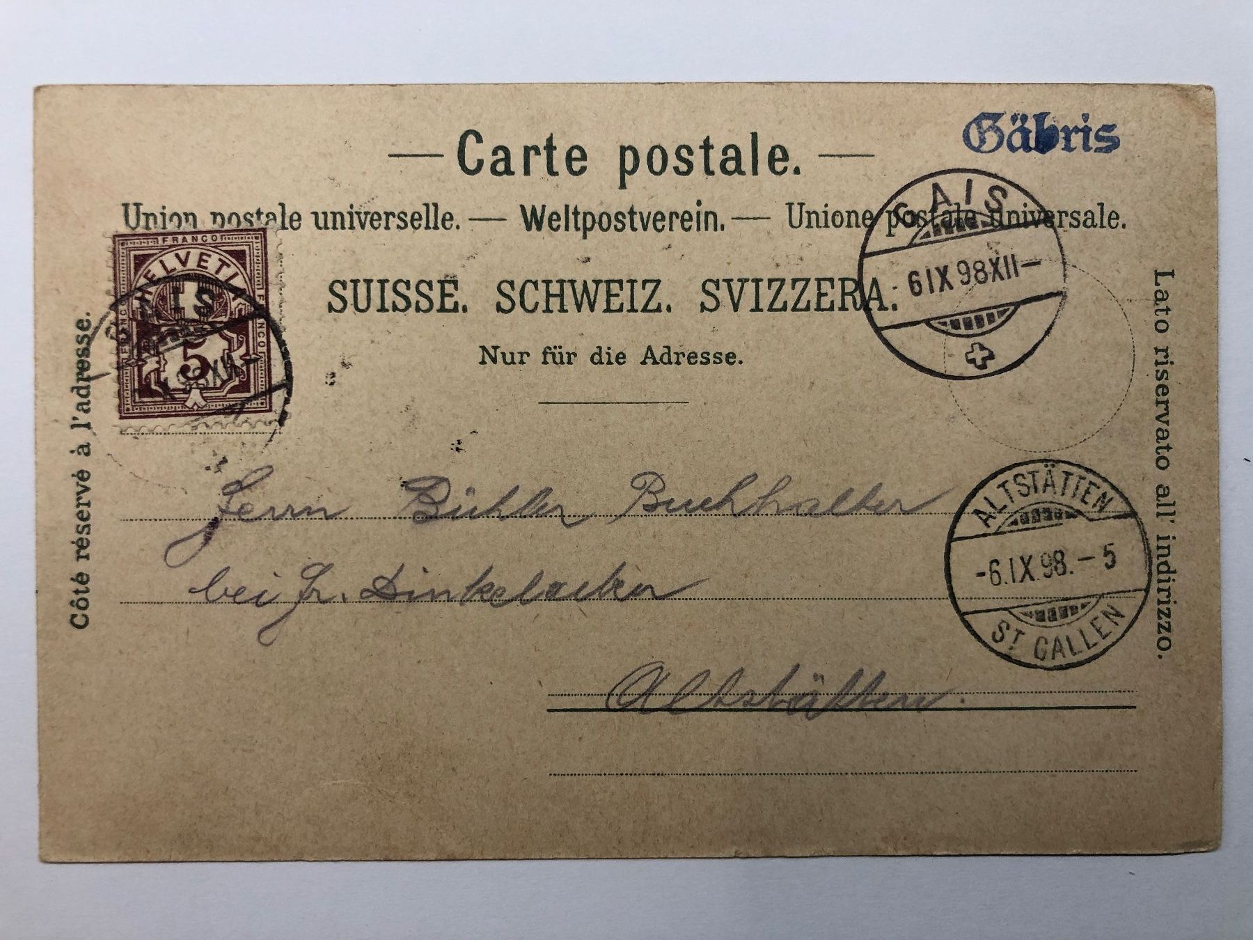 Cartoline postali: AK Gruss vom Gäbris Litho 1898 – Usato da Nunningen venduto da anclaudia 2