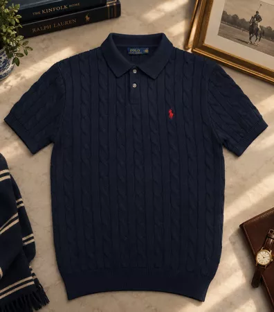 Ralph Lauren Strickpolo Cable Knit Zopfmuster Grösse L Navy