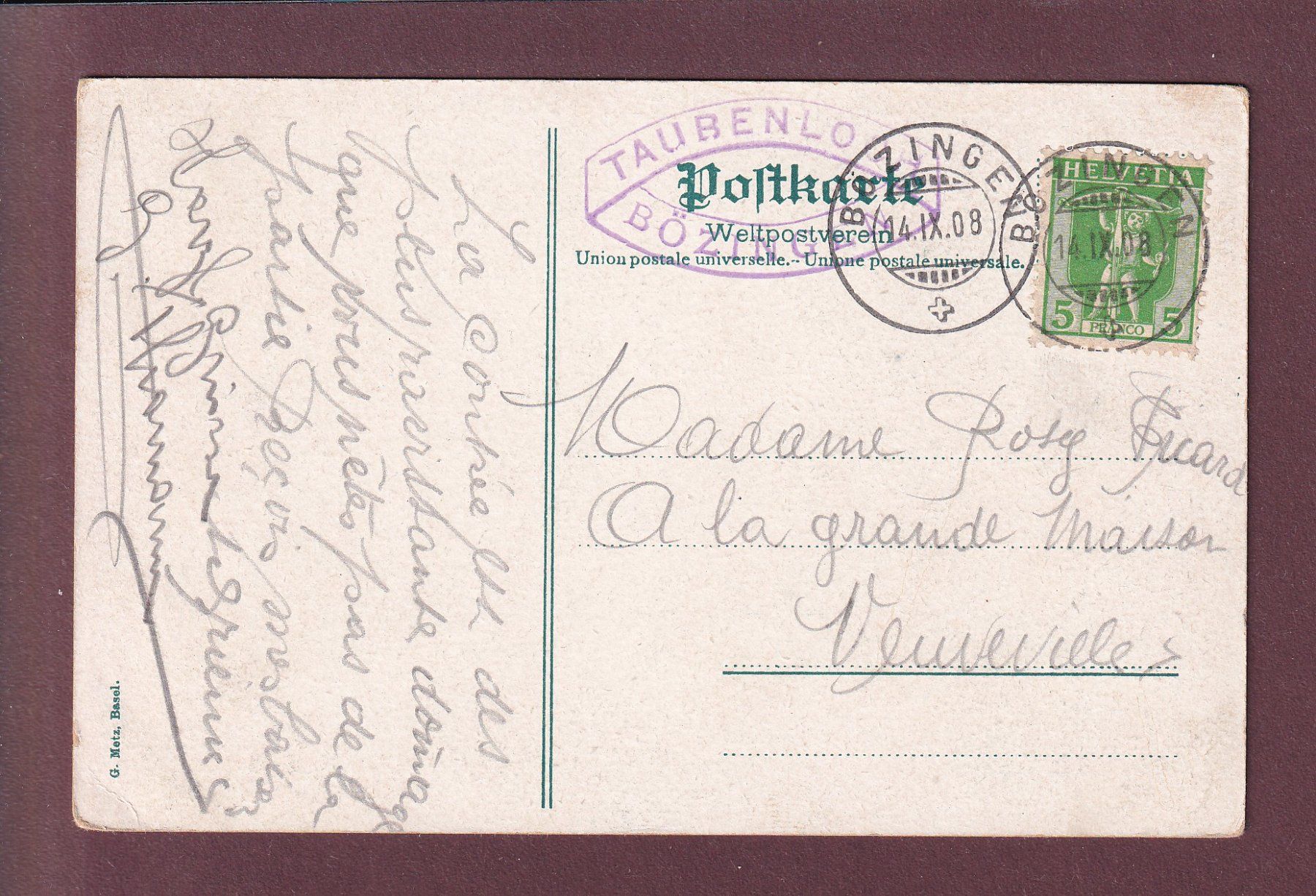 Ansichtskarten: Biel-Bözingen - TAUBENLOCH - 1908 – Gebraucht aus Pully von nicecards 1