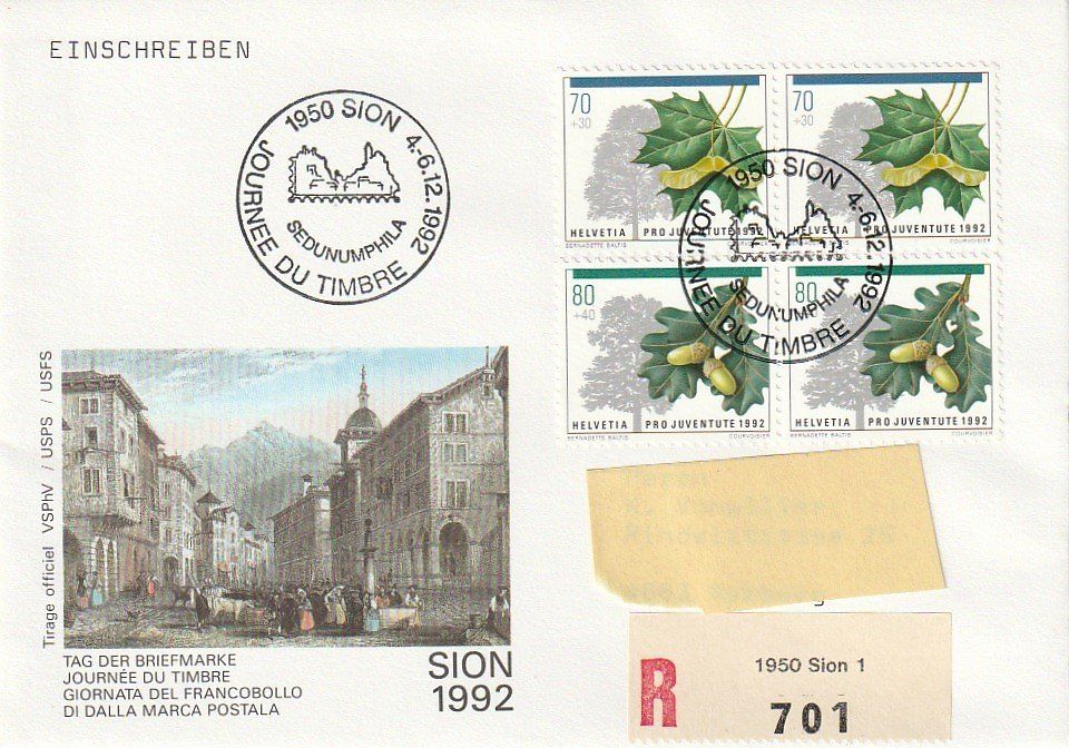 Tutti i francobolli: Tag der Briefmarke 1992 Sion,  Umschlag – Usato da Aarburg venduto da Aare10