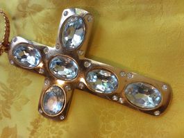 Vintage Kreuz Gold/Glas mit Kette 70-80er Jahre