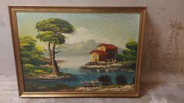 Tableau peinture Conti paysage lac cadre doré bon état