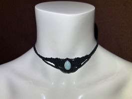 Makramee Kette Collier mit eingefasstem Larimar