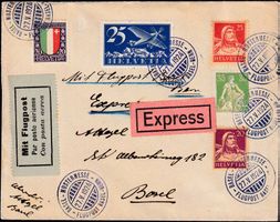 1924: Flugbrief mit Mischfrankatur, BASEL-MUSTERMESSE-BERN