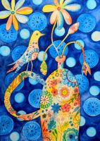 Original Aquarell abstrakt Vogel Vase Blume Bild