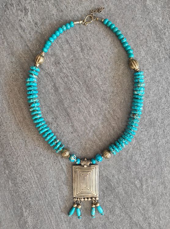 Boho Halskette Mehrlagig – Türkis & Silber Mit Blatt-Anhänger, Ethnischer Style Für Frauen & Mädchen