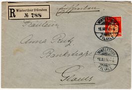 20 Rp. Helvetia m.S. - Chargé-Beleg von WINTERTHUR n. GLARUS