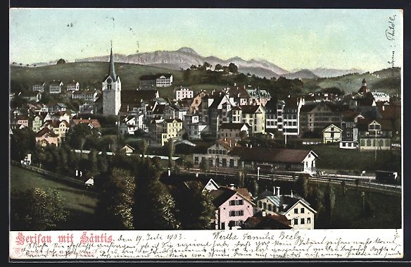 Cartoline postali: AK Herisau, Stadtpanorama mit Säntis – Usato da Berlin venduto da bartko-reher