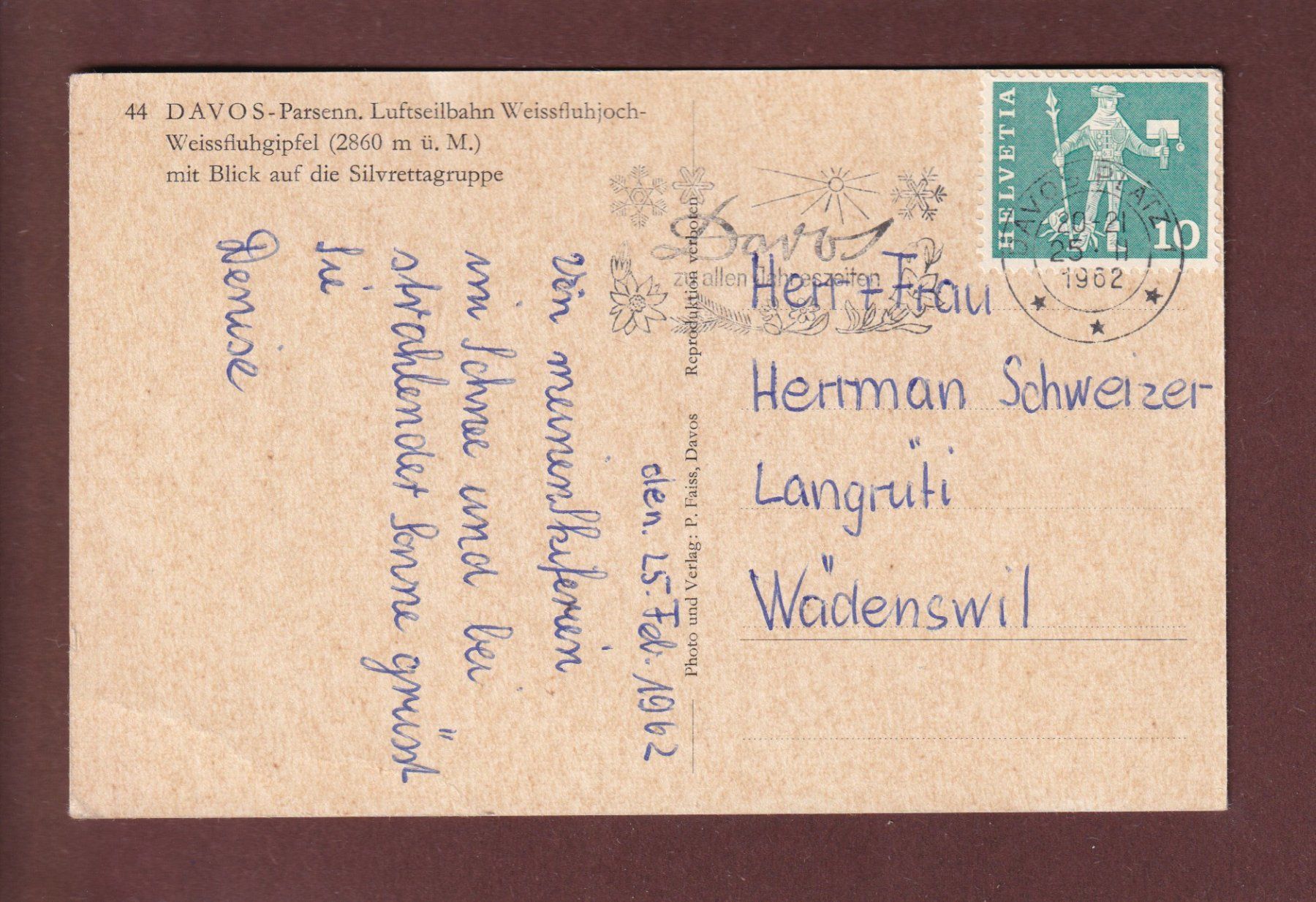 Ansichtskarten: DAVOS-PARSENN - 1962 // Eckbug // – Gebraucht aus Pully von nicecards 1