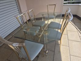 Esstisch Glas mit 6 Stühlen,  Acryl vergoldet, guter Zustand