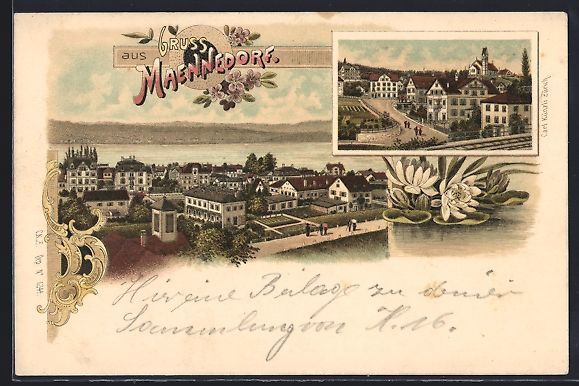 Cartoline postali: Lithographie Maennedorf, Gesamtansicht – Usato da Berlin venduto da bartko-reher