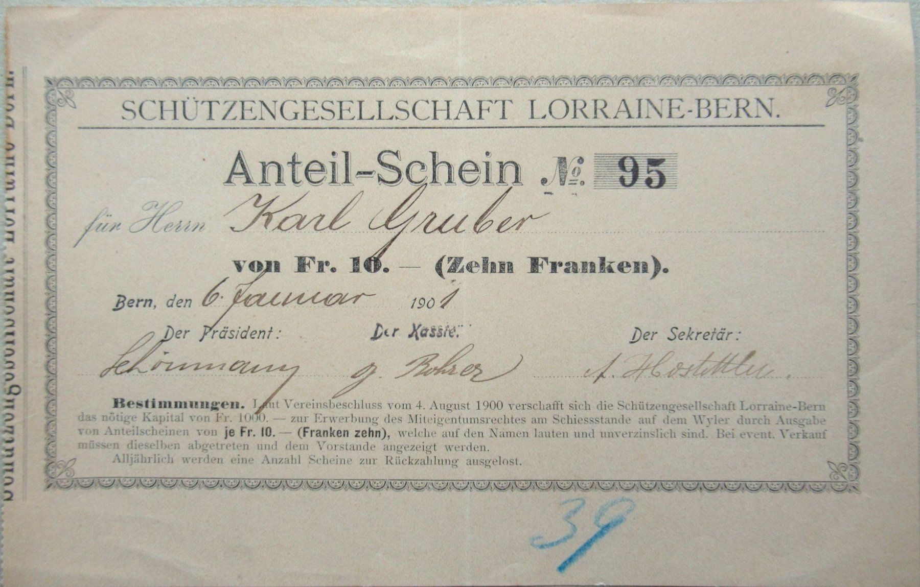 Documenti: original SCHÜTZENGESELLSCHAFT LORRAINE-BERN 1901 – Usato da Lohn-Ammannsegg venduto da rrrikko 1