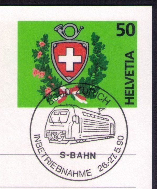 Alle Briefmarken: 1990_786_SONDER-O_INBETRIEBNAHME S-BAHN ZÜRICH_Bahnpostwagen – Gebraucht aus Marthalen von Ch_quality 3
