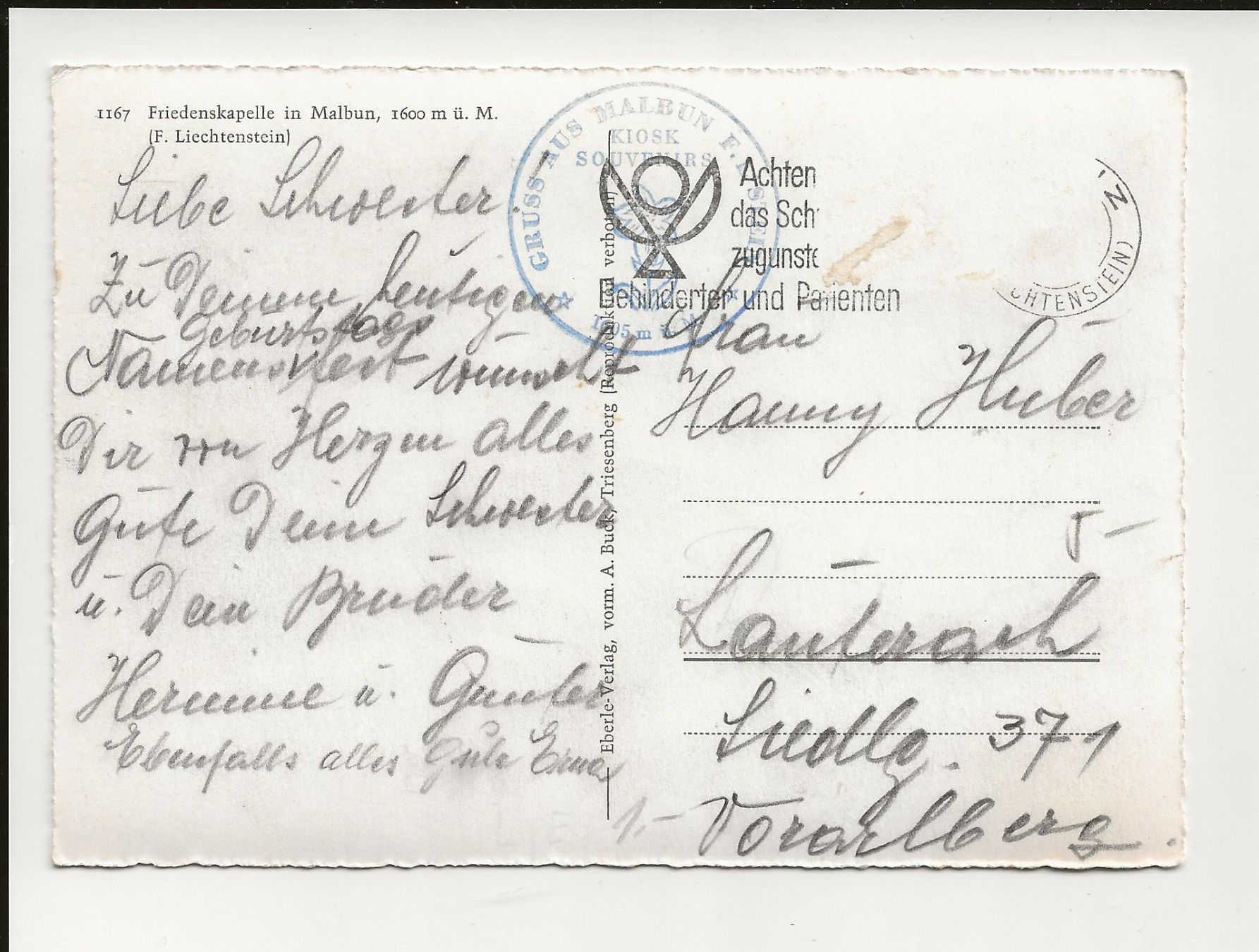 Cartoline postali: AK ca. 1950  Friedenskapelle in Malbun – Usato da Greifensee venduto da 315WDO 1