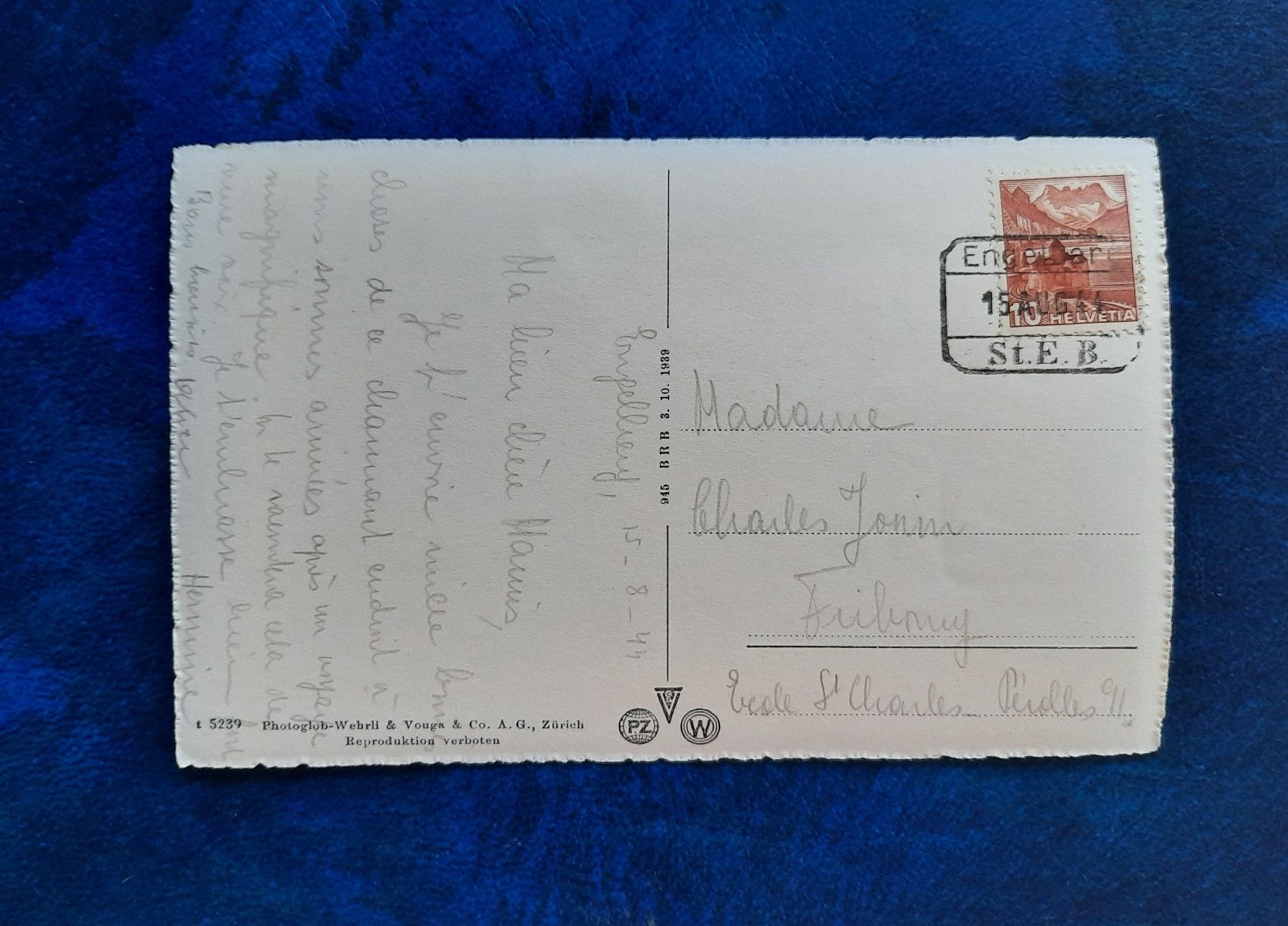 Cartoline postali: Ansichtskarte Engelberg mit Bahnstempel St.E.B, 15.Aug.1944 – Usato da Marly venduto da neu-adlerauge65 1
