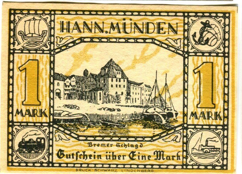 Banconote: Notgeld "1 Mark. Hann. Münden 1922" – Usato da Basel venduto da Butsch5