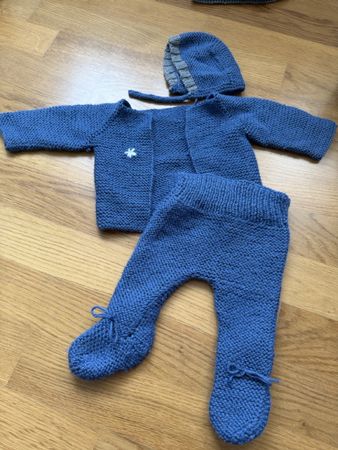 Hand-Knitted Baby Set Jacket Pants and Bonnet Blue
