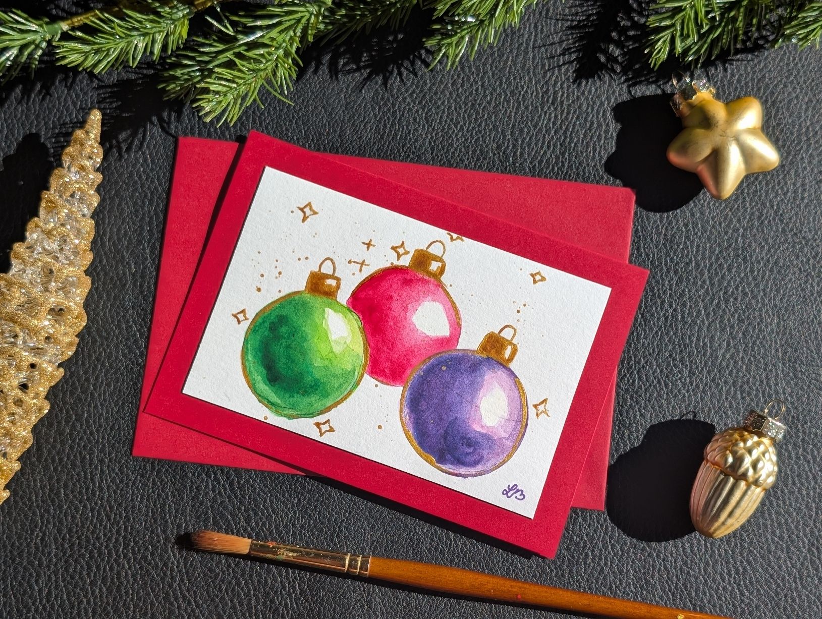 Cartes: 2er Set Handgemachte Weihnachtskarten Aquarell Kugeln – Neuf avec emballage d'origine à Winterthur par LaVieColor 2
