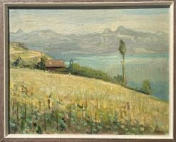 Huile sur panneau Lac Léman signature illisible Mafli