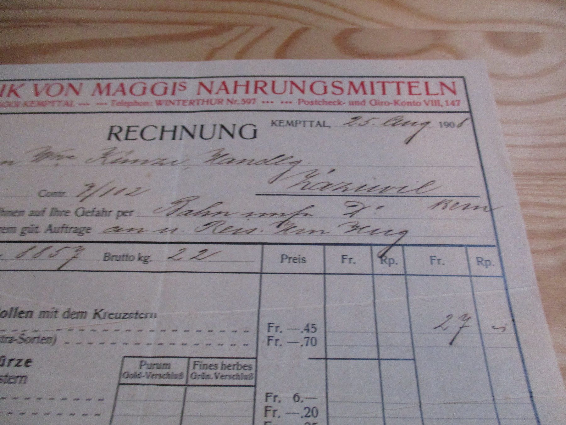 Documenti: Maggi Kempttal Rechnung 1908 2 Stk. – Usato da Felsberg venduto da sanwill 3
