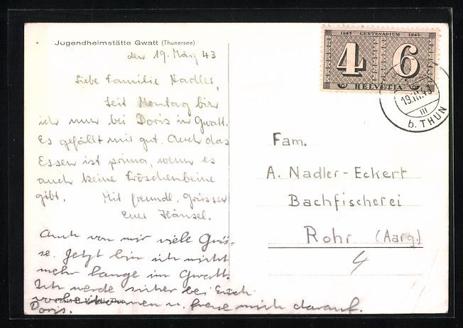 Cartoline postali: Gwatt /Thunersee, Blick auf die Jugendhe – Usato da Berlin venduto da bartko-reher 1