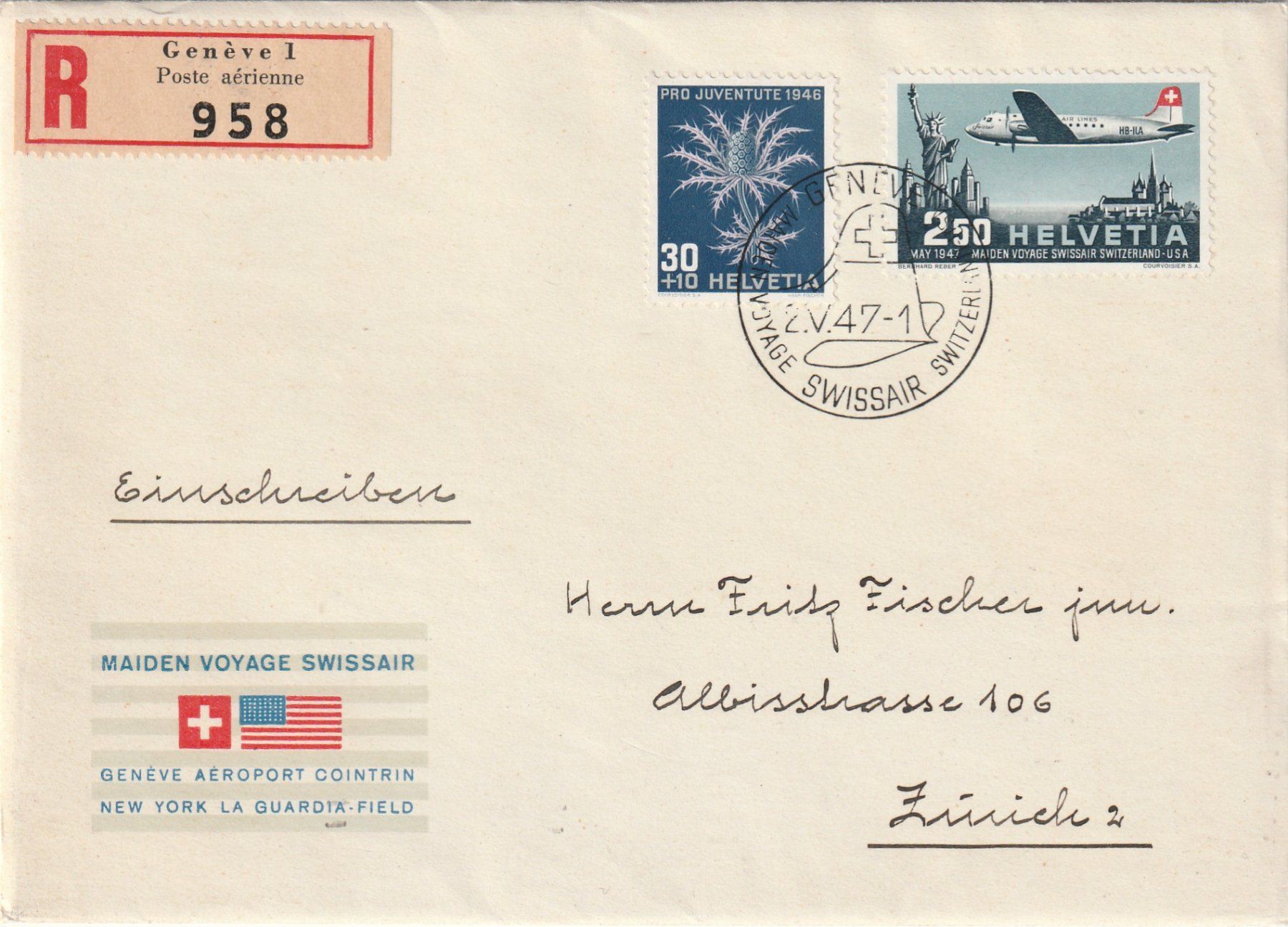 Tutti i francobolli: Flugpost Genf - New York 1947 – Usato da Rorschacherberg venduto da fratovi2