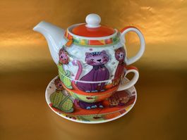 Teekrügli mit Tasse und Teller / Katzensujet