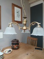 Lustre vintage en laiton avec abat-jours en verre dépoli