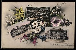 AK St. Gallen, Ortsansichten mit Blumen verziert