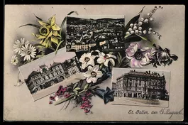 Passepartou-AK St. Gallen, Ortsansichten mit Blumen verziert