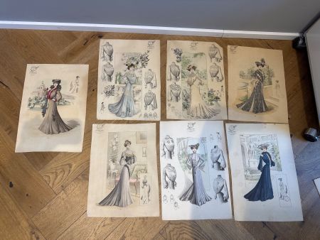 französische Mode-/Schneiderdrucke aus der Zeit um 1900–1915